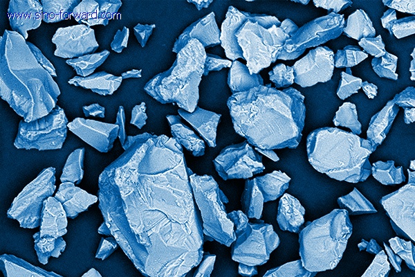 Scanning Electron Microscope (SEM) image of a cast and crushed oxide ceramic material for thermal spray.