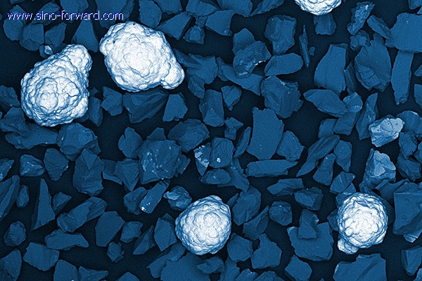 Scanning Electron Microscope SEM image of a cermet powder blend used to create a compatible intermediate layer in a multi-layer thermal spray coating system.